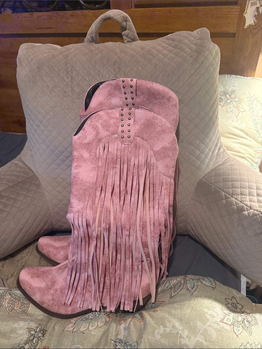 Fringe Suede Western Boots - Pink - Picture 3 of 3